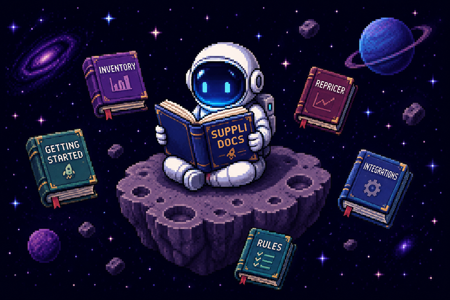 An astronaut reading the Suppli Docs, surrounded by floating books for each part of the platform