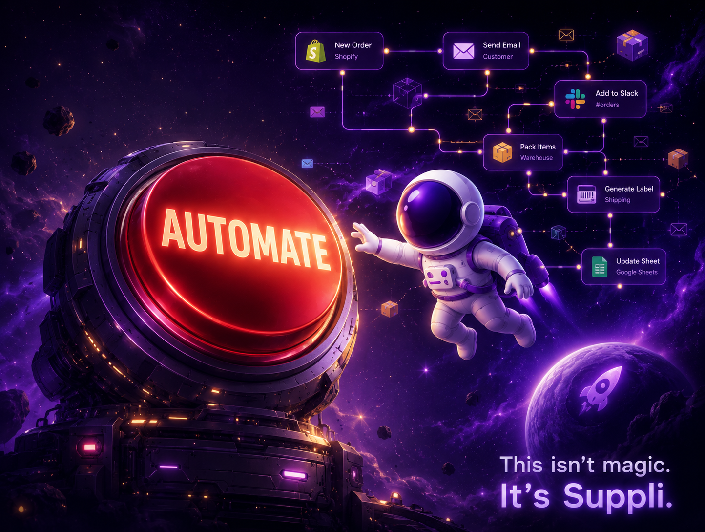 Suppli automation — an astronaut reaches for a giant AUTOMATE button as a workflow of new order, send email, Slack, pack items, generate label, and update sheet nodes chains together in space