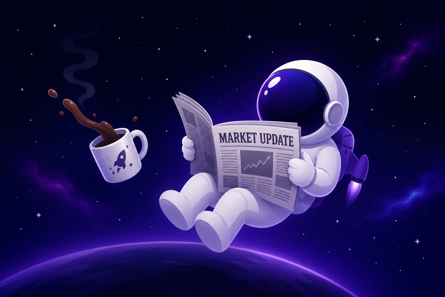 Suppli news — astronaut reading a market update newspaper with floating coffee
